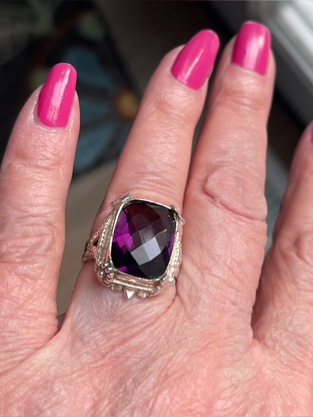 Vintage Israeli .925 dark amethyst checkerboard statement ring size 7.75/ 7.25 g